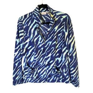 Zenergy by Chico’s Abstract Blue Zip Jacket Sz 1, M Bold Print Lightweight Layer
